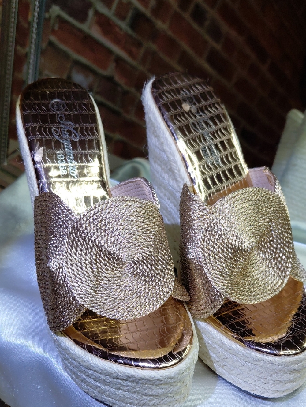 Metallic Rose-Gold Espadrille Wedge Sandals
